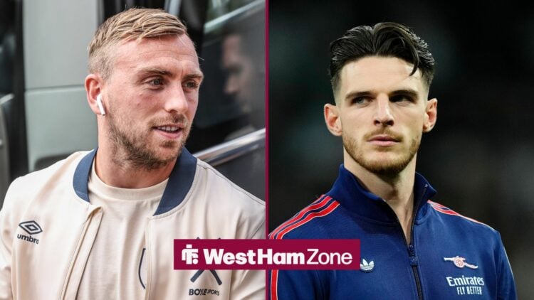 Jarrod Bowen in left inset with Declan Rice in right inset