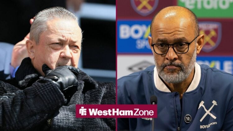 A split image as West Ham owner David Sullivan covers his mouth with his hand, while manager Nuno Espirito Santo looks concerned during a press con...