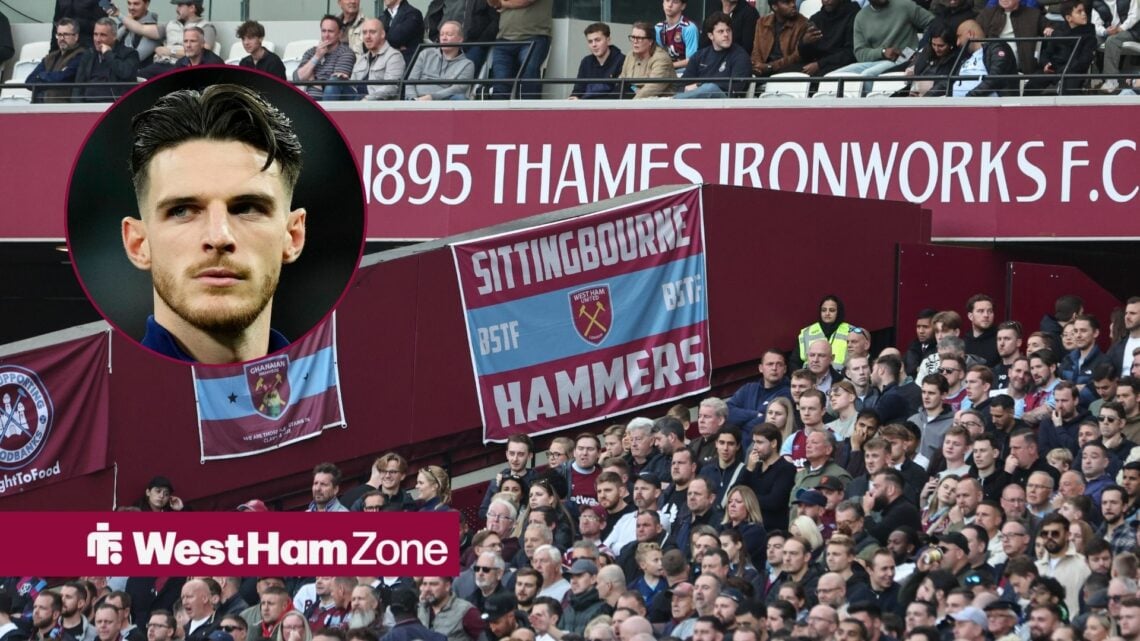 An image of West Ham fans at the London Stadium, next to a circular inset of Declan Rice ahead of an Arsenal game
