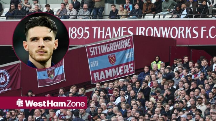 An image of West Ham fans at the London Stadium, next to a circular inset of Declan Rice ahead of an Arsenal game
