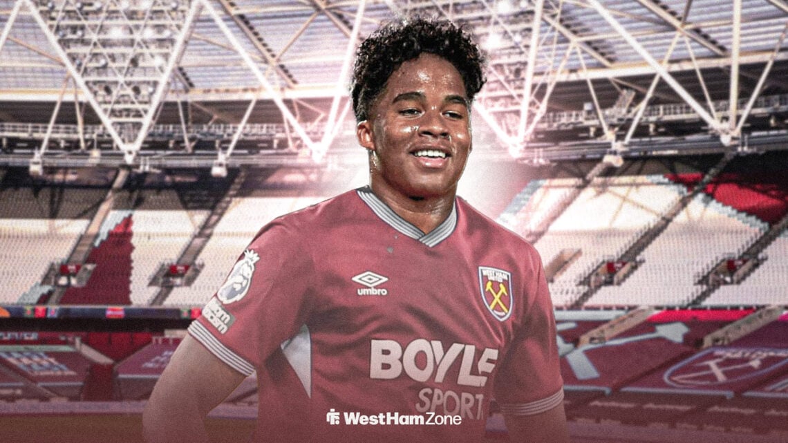 Endrick in a West Ham kit in front of the London Stadium.