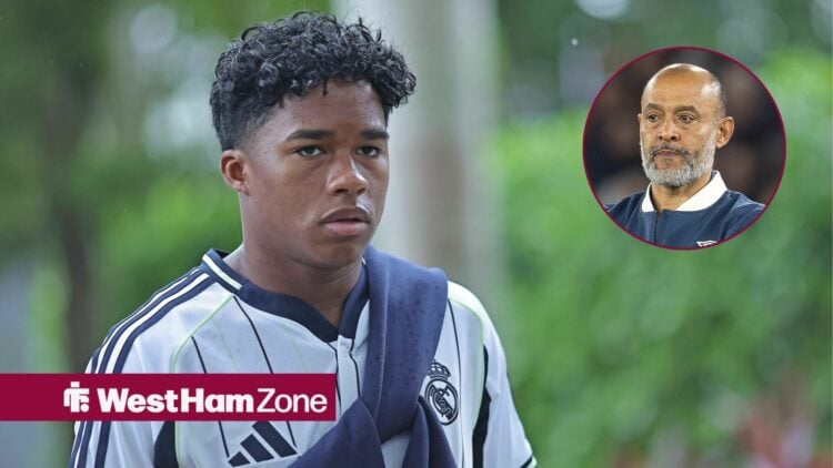 Real Madrid forward Endrick arrives for a game, as West Ham manager Nuno Espirito Santo watches on from a circular inset.