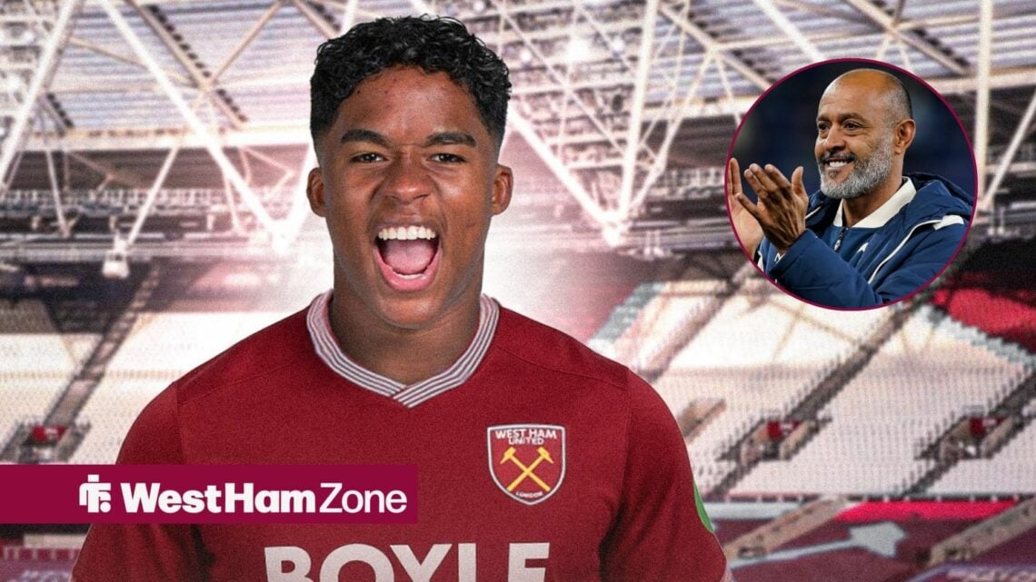 West Ham target Endrick celebrates at the London Stadium as manager Nuno Espirito Santo applauds in a circular inset.