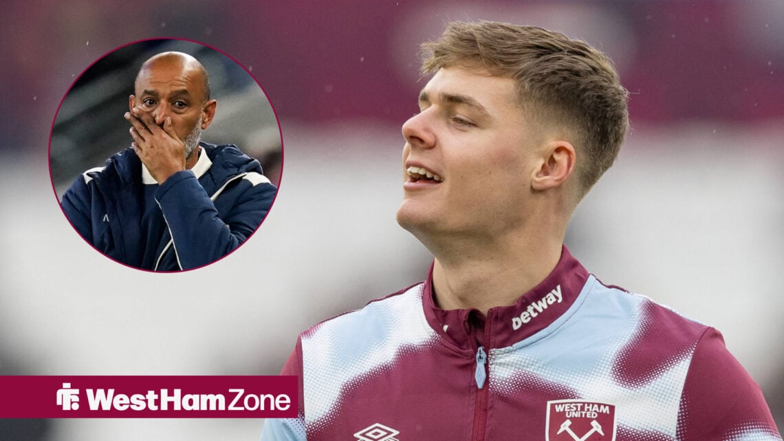 Evan Ferguson smiling, West Ham manager Nuno Espirito Santo looking confused.