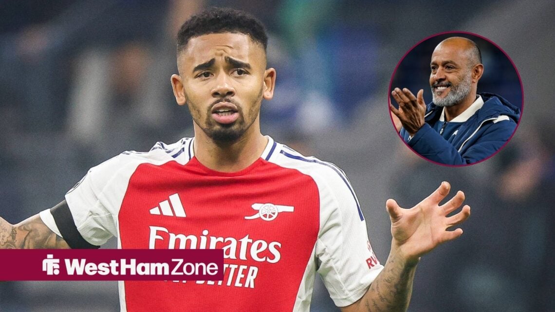 Arsenal striker Gabriel Jesus gesticulates during a game, as West Ham manager Nuno Espirito Santo smiles and applauds in a circular inset.