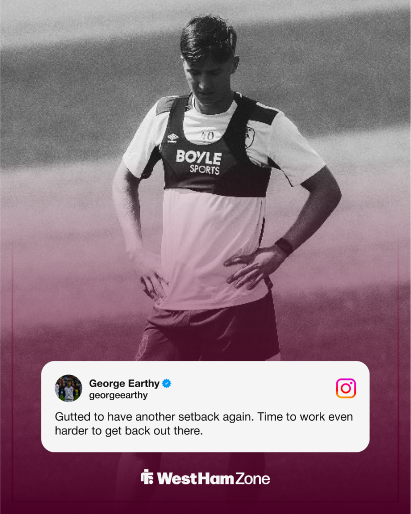 George Earthy in West Ham training above of a quote from his Instagram story