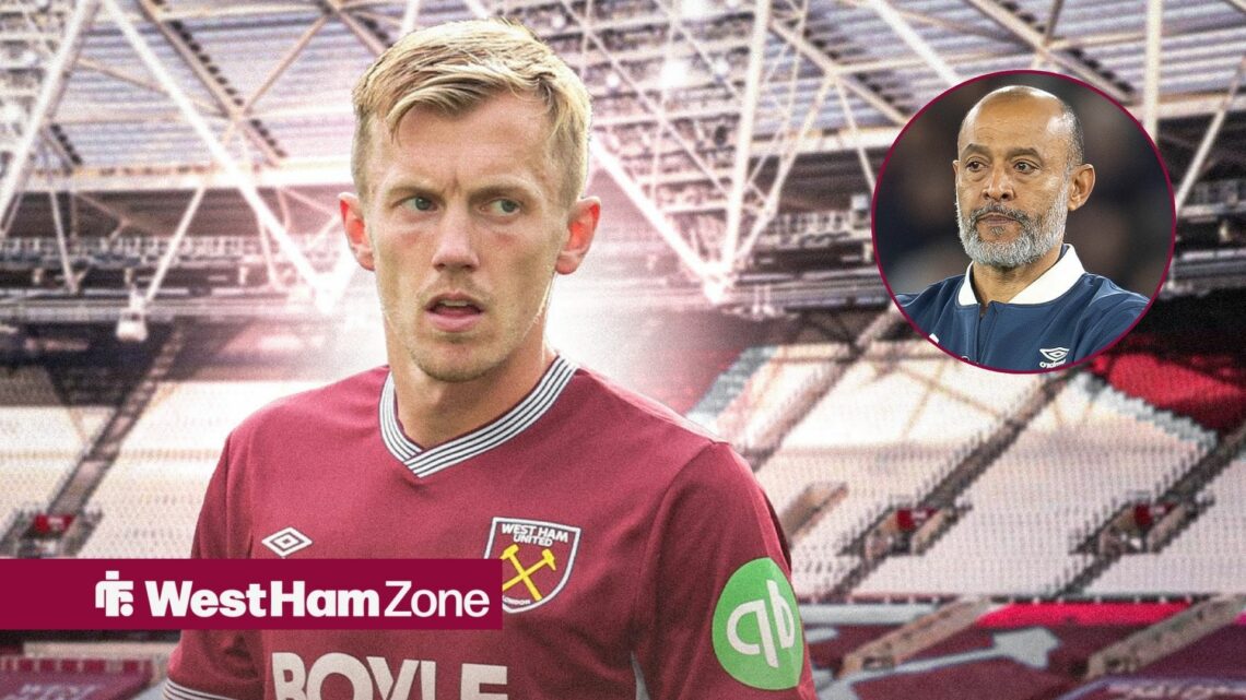 West Ham star James Ward-Prowse stands at the London Stadium, as manager Nuno Espirito Santo stares at him from a circular inset.