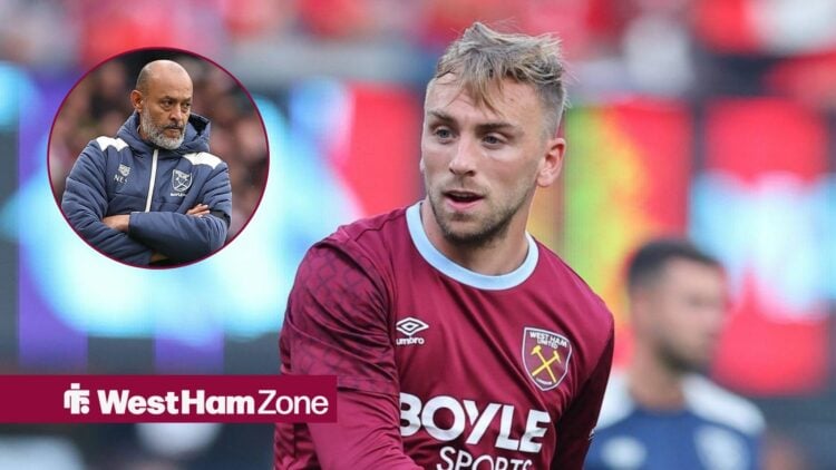 Jarrod Bowen in a West Ham shirt with Nuno Espirito Santo in a circular overlay
