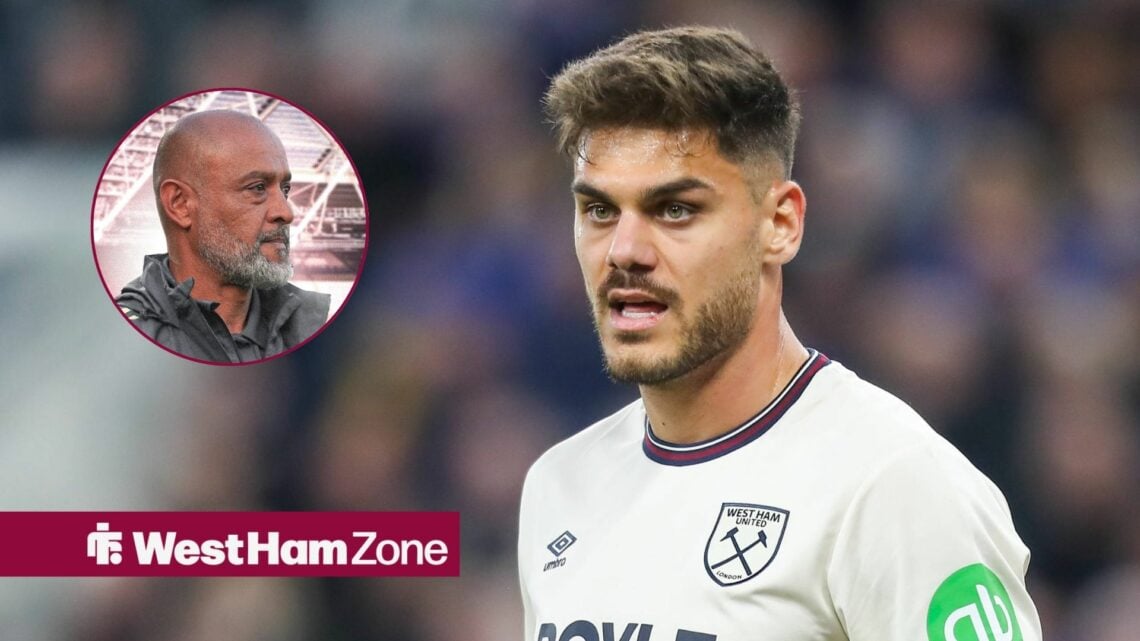 West Ham star Konstantinos Mavropanos in action, Nuno Espirito Santo in inset.