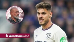 West Ham star Konstantinos Mavropanos in action, Nuno Espirito Santo in inset.