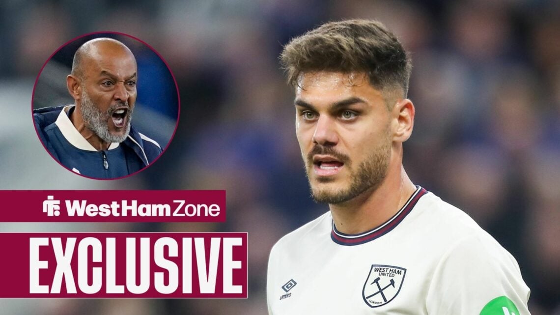 Konstantinos Mavropanos in action for West Ham, Nuno Espirito Santo looking furious.