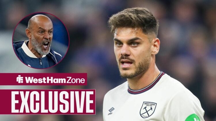 Konstantinos Mavropanos in action for West Ham, Nuno Espirito Santo looking furious.