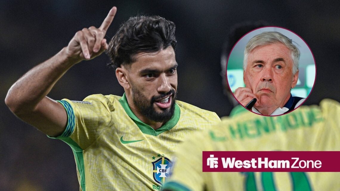 West Ham star Lucas Paqueta celebrating with Brazil, Carlo Ancelotti miserable in inset.