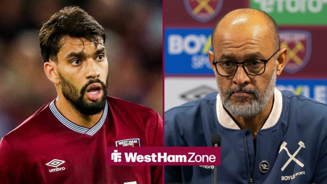West Ham star Lucas Paqueta stares across a split image towards Nuno Espirito Santo, who sits in a press conference in the right half of the image.