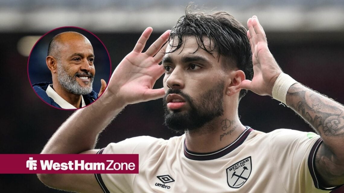 West Ham star Lucas Paqueta celebrating, Nuno Espirito Santo looking happy.