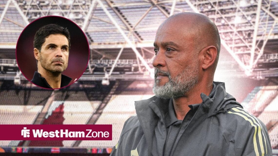 An image of Nuno Espirito Santo in front of the London Stadium, next to a circular inset of Mikel Arteta