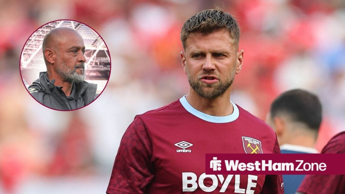 West Ham striker Niclas Fullkrug stares concernedly towards a circular inset, where manager Nuno Espirito Santo returns his gaze.