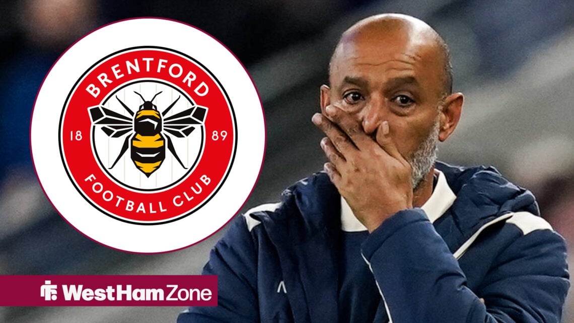 West Ham boss Nuno Espirito Santo looking worried, Brentford badge in inset.