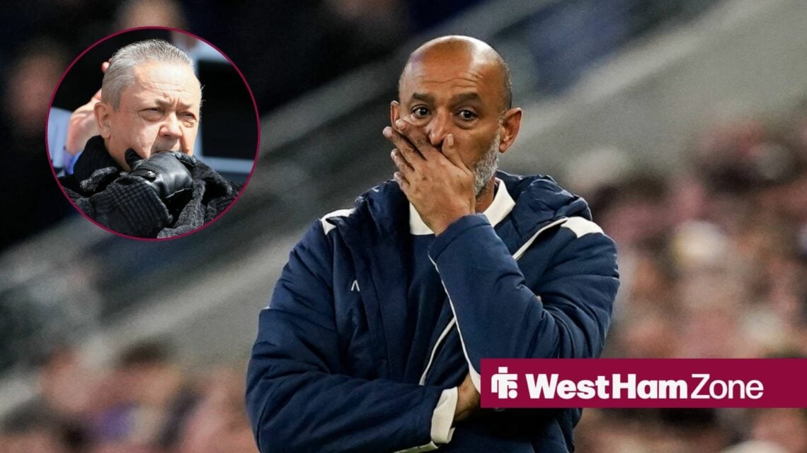 West Ham manager Nuno Espirito Santo places his hand over his mouth on the touchline as owner David Sullivan watches on from a circular inset.