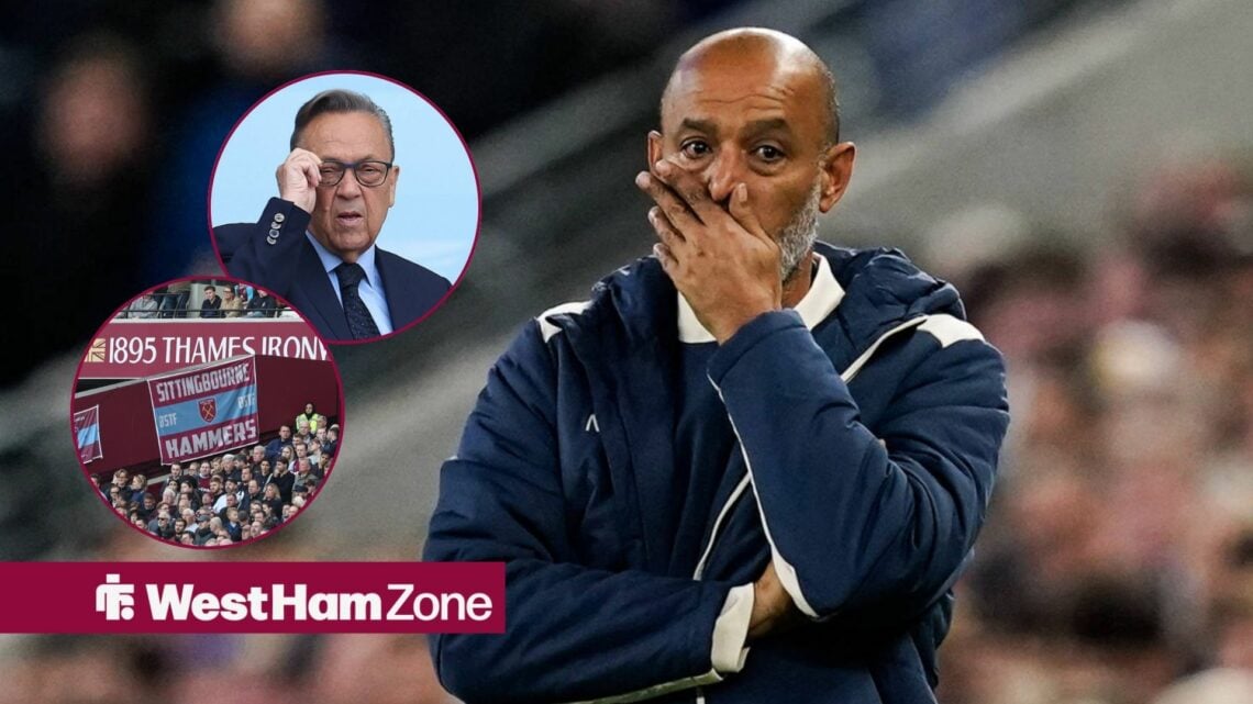 West Ham manager Nuno Espirito Santo has his hand over his mouth as owner David Sullivan and the fans watch on from circular insets.