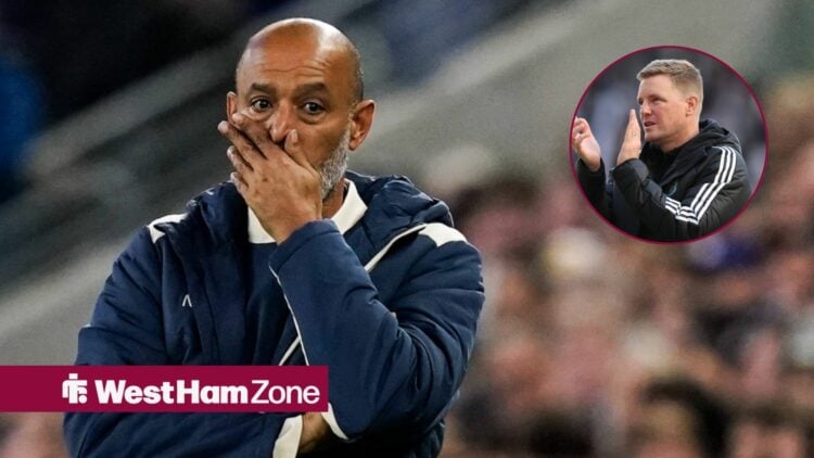 West Ham manager Nuno Espirito Santo covers his mouth with his hand as Newcastle boss Eddie Howe applauds in a circular inset.