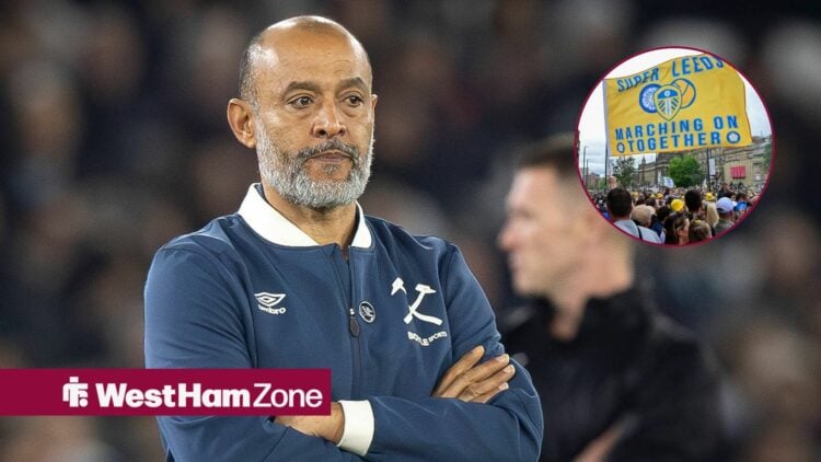 West Ham manager Nuno Espirito Santo stands with his arms folded as he stares towards a circular inset, where Leeds United fans wave a flag.