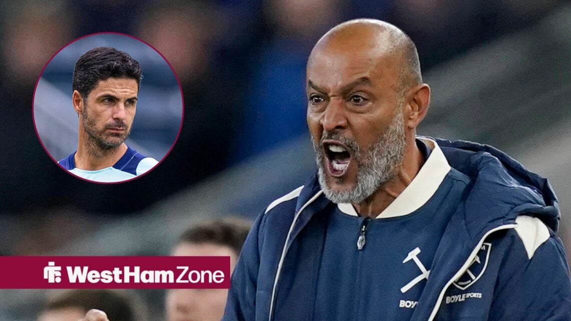 An image of Nuno Espirito Santo celebrating as West Ham United manager next to a circular inset of Mikel Arteta