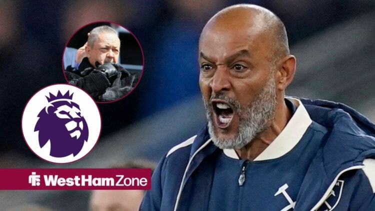 West Ham manager nuno Espirito Santo screams in the direction of two circular insets, which feature David Sullivan and the Premier League logo.