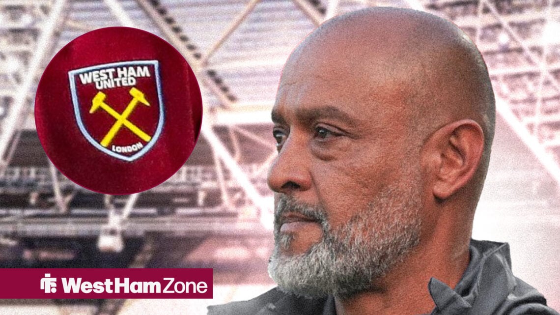 Nuno Espirito Santo looking concerned, West Ham badge in inset.