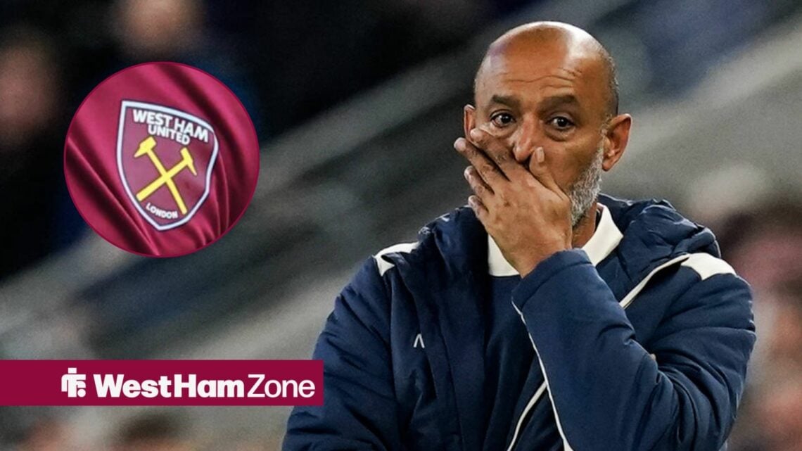 Nuno Espirito Santo looking exasperated, West Ham badge in inset.