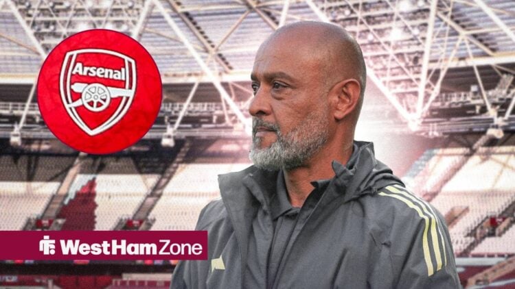 West Ham boss Nuno Espirito Santo looking upset, Arsenal badge in inset.