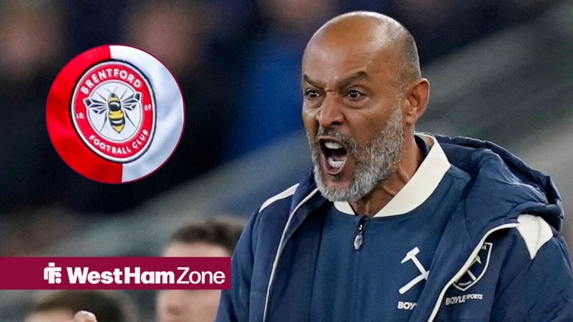 West Ham boss Nuno Espirito Santo looking furious, Brentford badge in inset.