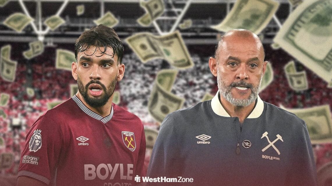 West Ham star Lucas Paqueta and boss Nuno Espirito Santo with money floating at London Stadium.