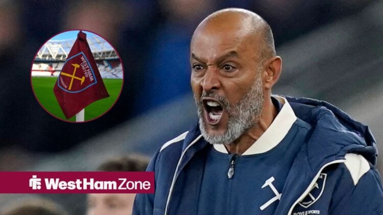 West Ham boss Nuno Espirito Santo looking angry, London Stadium in inset.