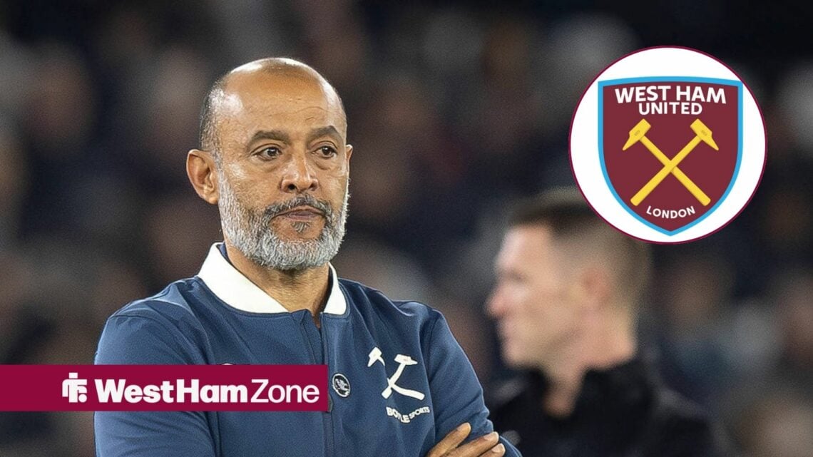Nuno Espirito Santo looks puzzled and West Ham badge in circular inset