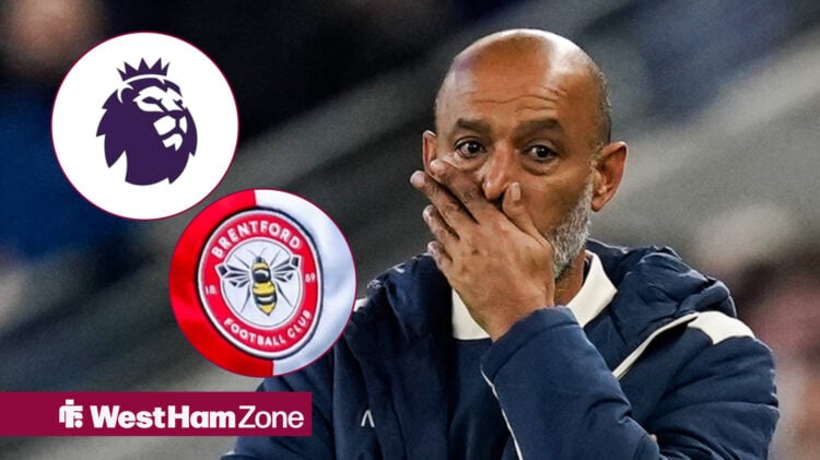 West Ham boss Nuno Espirito Santo, Premier League and Brentford badges.