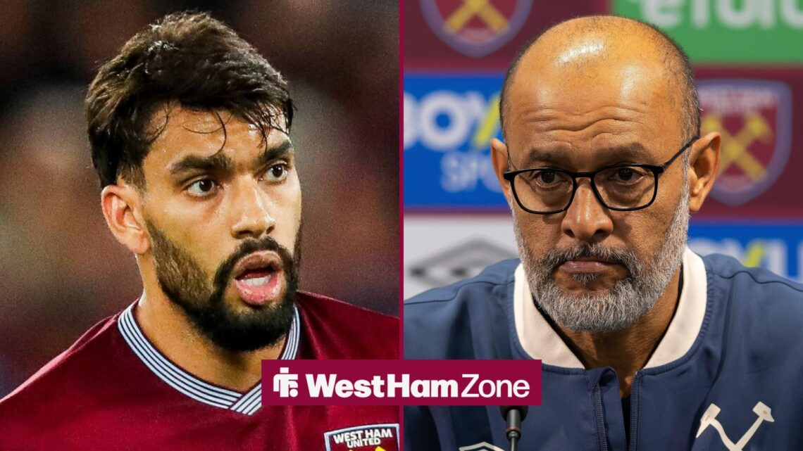 West Ham boss Nuno Espirito Santo and Lucas Paqueta both focused in split image