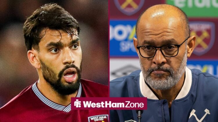 West Ham boss Nuno Espirito Santo and Lucas Paqueta both focused in split image