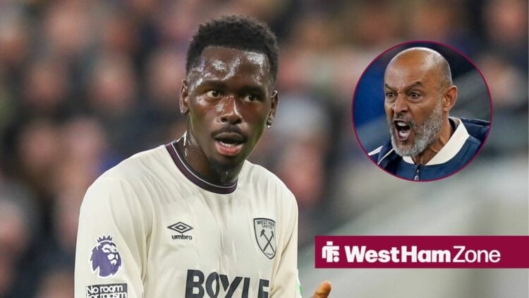 West Ham star Soungoutou Magassa in action, Nuno Espirito Santo looking angry in inset.