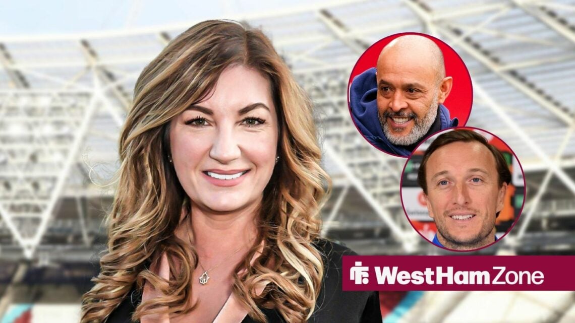 West Ham United vice-chairman Karren Brady and Nuno Espirito Santo and Mark Noble in circular insets