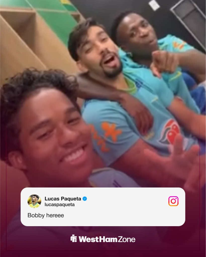 Endrick taking a video of himself, Lucas Paqueta and Vinicius Junior on Instagram