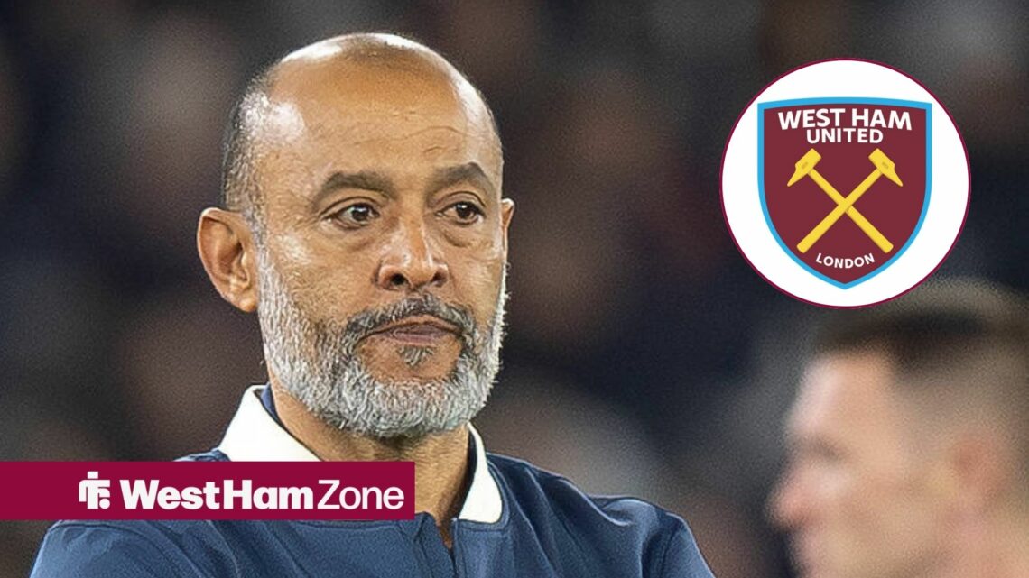 Nuno Espirito Santo looking sternly at West Ham badge in circular inset