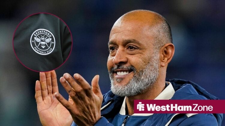 West Ham United manager Nuno Espirito Santo and Brentford badge in circular inset