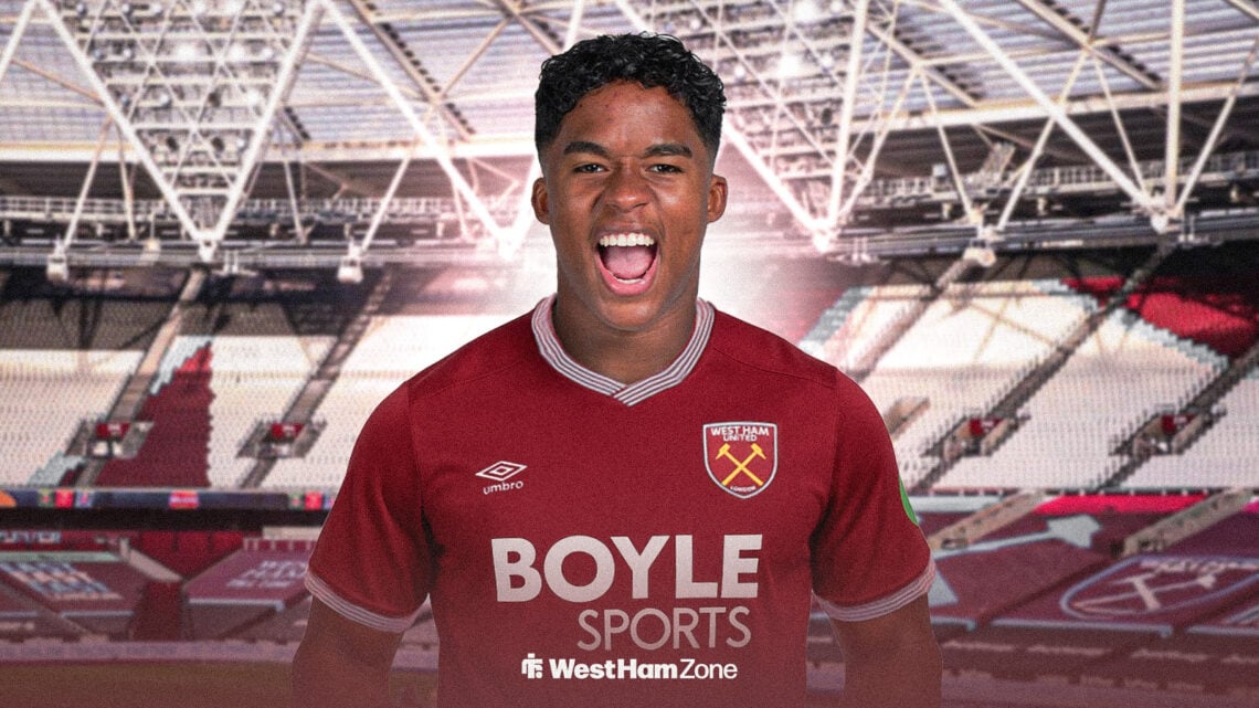 Endrick in a West Ham kit in front of the London Stadium.
