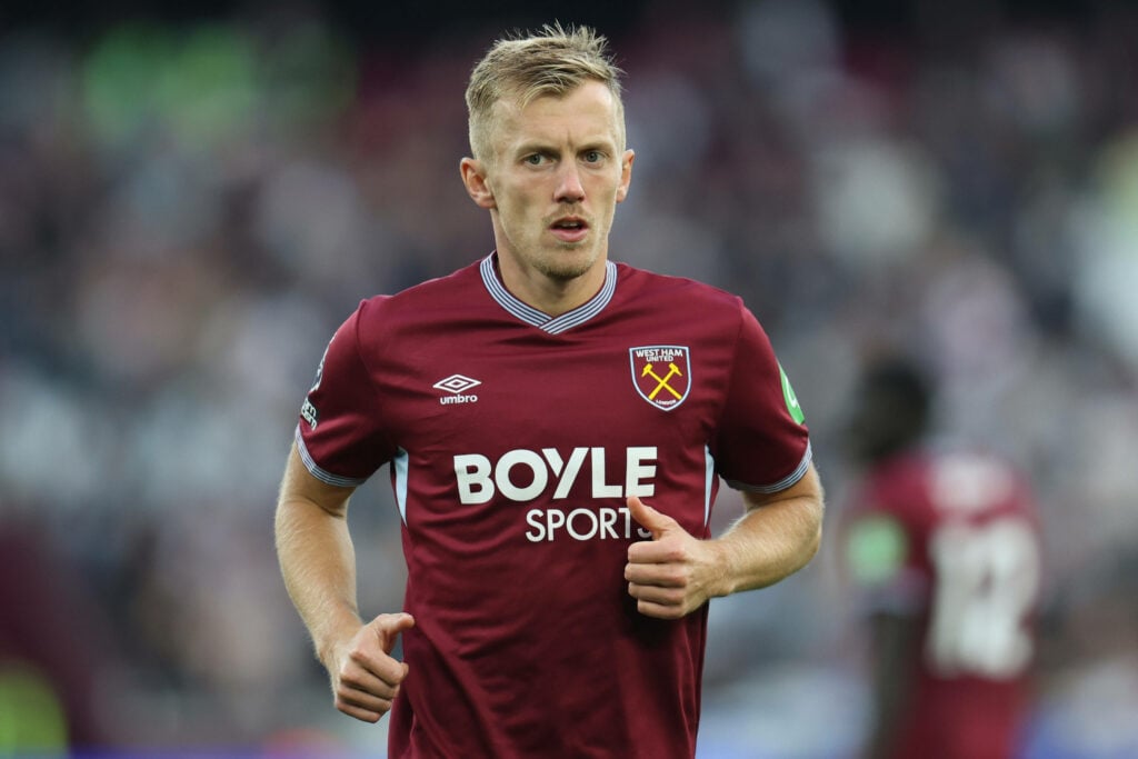 West Ham midfielder James Ward-Prowse running during a game.