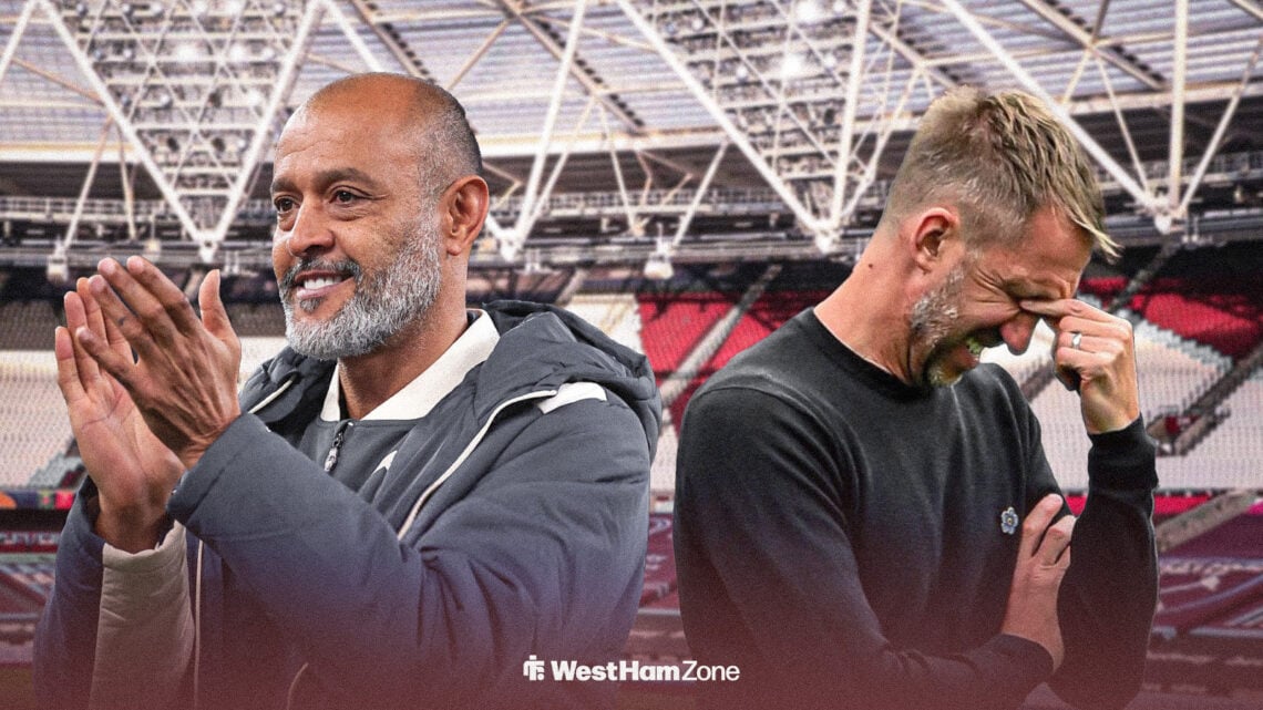 Nuno Espirito Santo clapping and smiling next to Graham Potter looking disappointed at the London Stadium