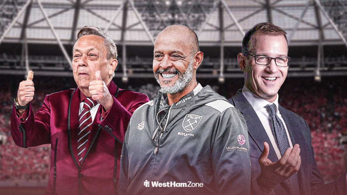 David Sullivan, Nuno Esprito Santo and Daniel Kretinsky all looking happy with the London Stadium behind them