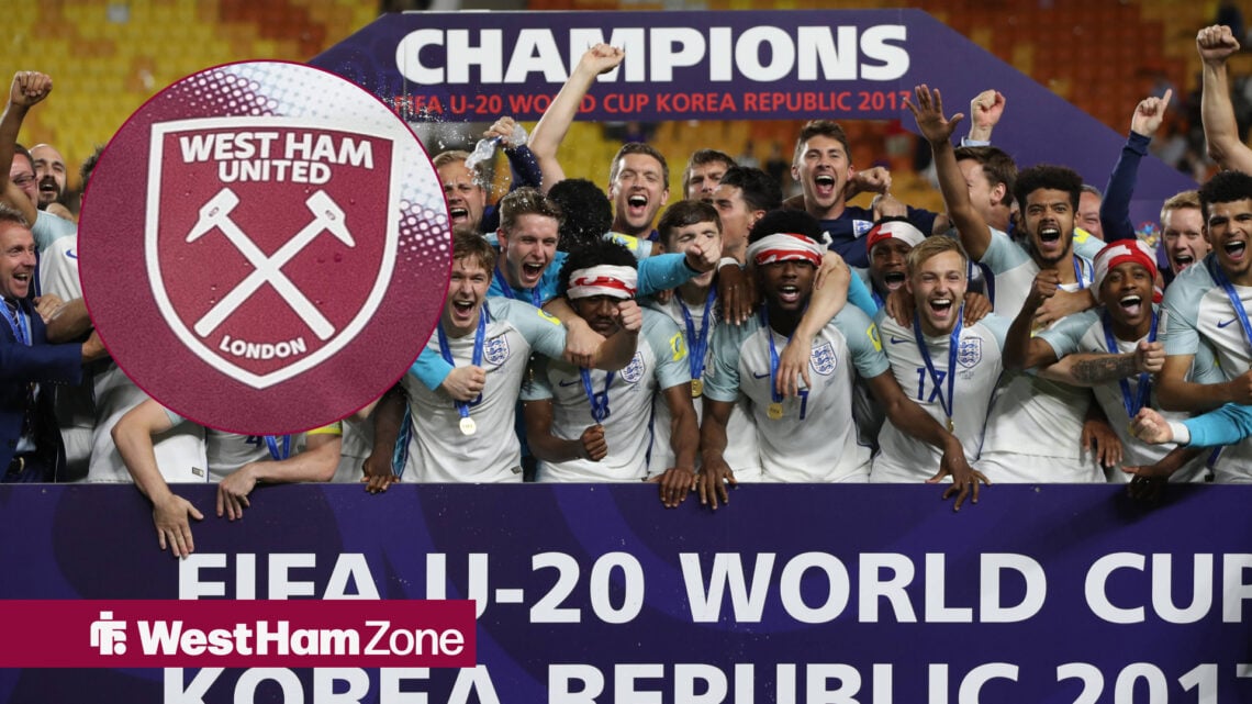 England Under-20s celebrating their World Cup win in South Korea in 2017. To the left is a West Ham crest.