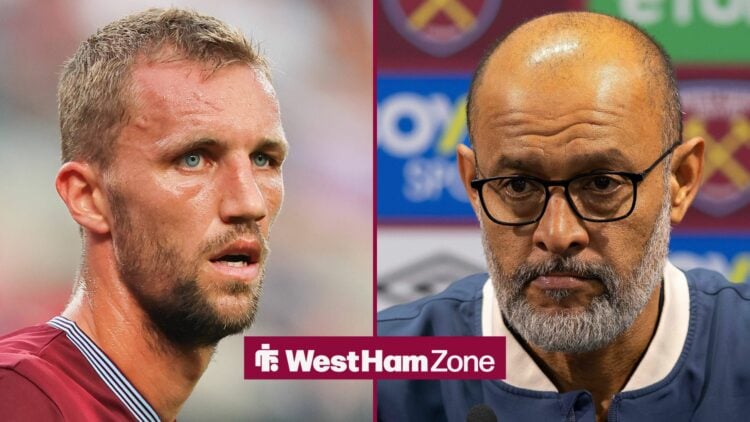 Tomas Soucek looking at Nuno Espirito Santo in split image