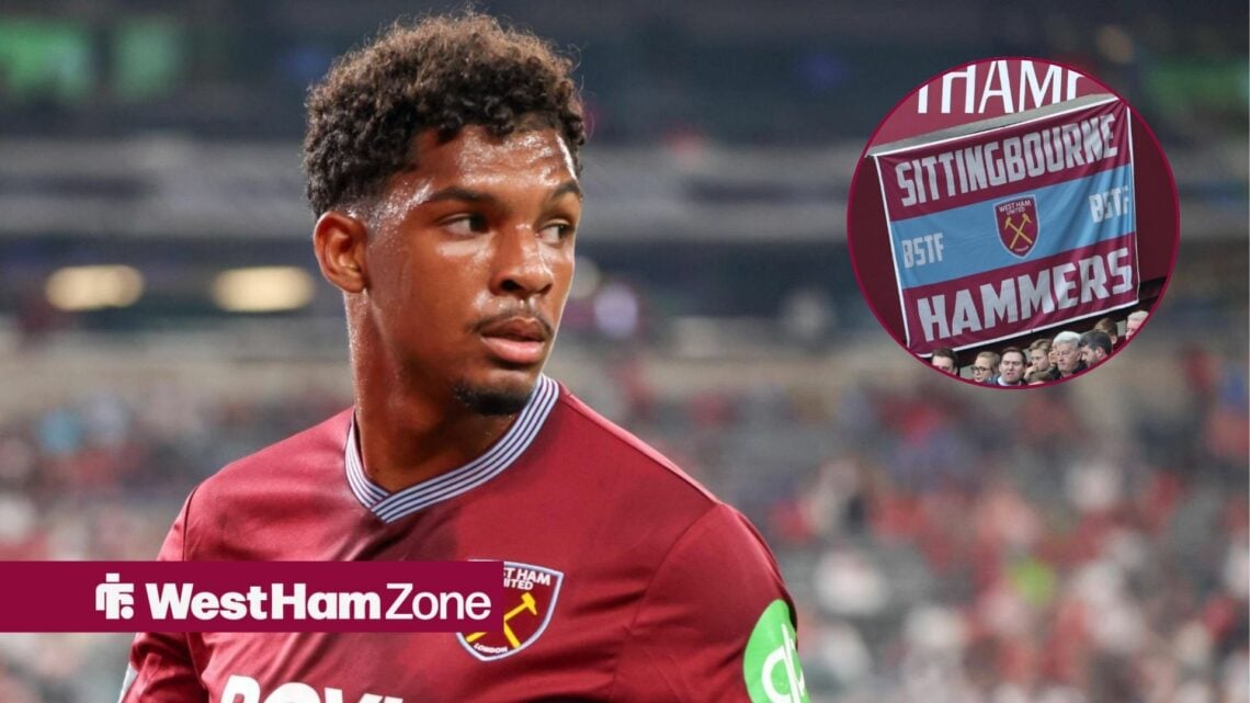 Luis Guilherme looking at West Ham banner in circle